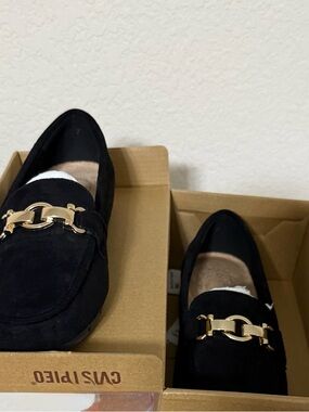Black Suedette Loafers with Gold Bit Accent - Women's Flats